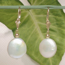Load image into Gallery viewer, 14k Yellow Gold Leverback White Coin Cultured Pearl Dangle Earrings