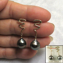 Load image into Gallery viewer, 14k Yellow Gold Lightning Design Black Peacock Tahitian Pearl Dangle Earrings