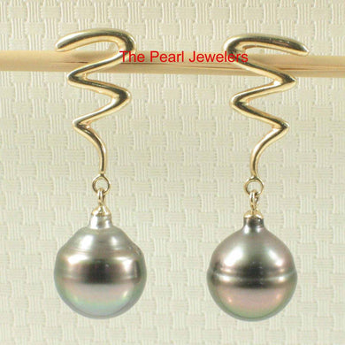 14k Yellow Gold Lightning Design Black Peacock Tahitian Pearl Dangle Earrings