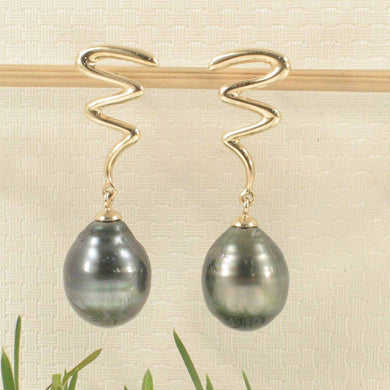 14k Yellow Gold Lightning Design Baroque Black Tahitian Pearl Dangle Earrings
