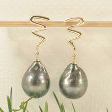Load image into Gallery viewer, 14k Yellow Gold Lightning Design Baroque 12.8 mm Black Tahitian Pearl Dangle Earrings