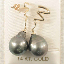 Load image into Gallery viewer, 14k Yellow Gold Lightning Design Baroque 12.8 mm Black Tahitian Pearl Dangle Earrings