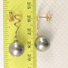Load image into Gallery viewer, 14k Yellow Gold Lightning Design 12.2 mm Black Tahitian Pearl Dangle Earrings