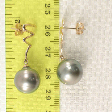 14k Yellow Gold Lightning Design 12.2 mm Black Tahitian Pearl Dangle Earrings