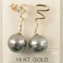 Load image into Gallery viewer, 14k Yellow Gold Lightning Design 12.2 mm Black Tahitian Pearl Dangle Earrings