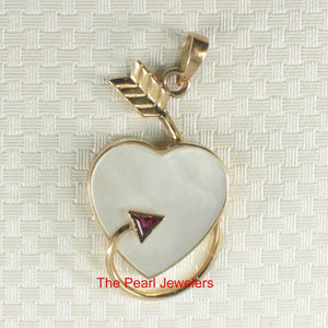 14K Yellow Gold Love Arrow Heart Pendant with Ruby & Mother of Pearl
