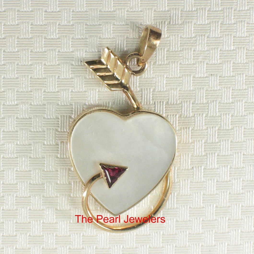 14K Yellow Gold Love Arrow Heart Pendant with Ruby & Mother of Pearl