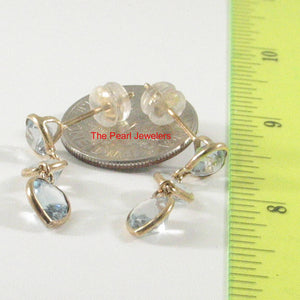 14k Yellow Solid Gold Love & Heart Shaped Blue Topaz Dangle Stud Earrings