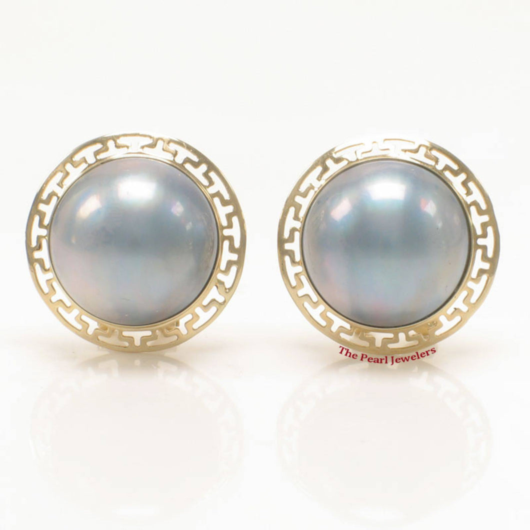 Solid 14k Yellow Gold Omega Clip Australia Blue Mabe Pearl Earrings
