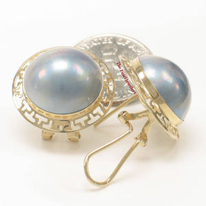 Solid 14k Yellow Gold Omega Clip Australia Blue Mabe Pearl Earrings