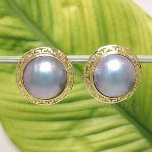 Solid 14k Yellow Gold Omega Clip Australia Blue Mabe Pearl Earrings