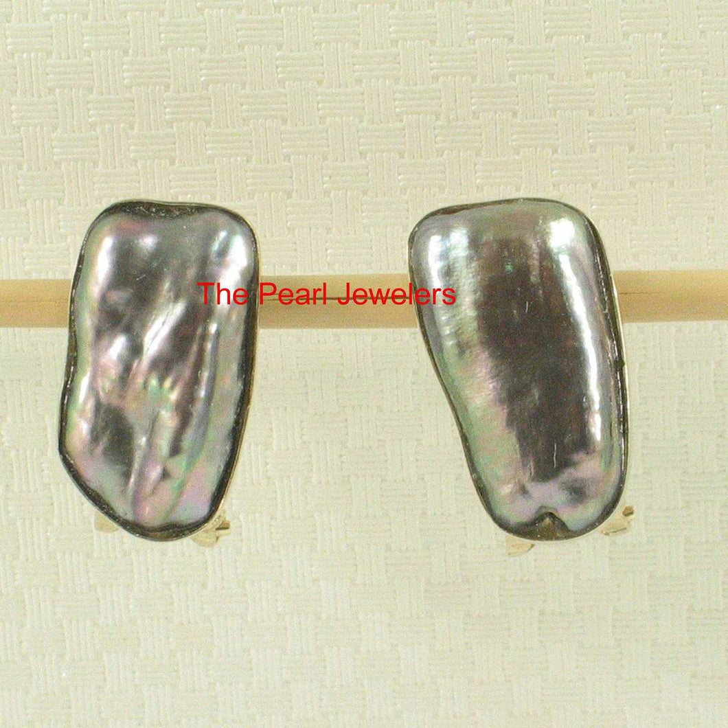 Solid 14k Yellow Gold Omega Clip Black Biwa Pearl Earrings