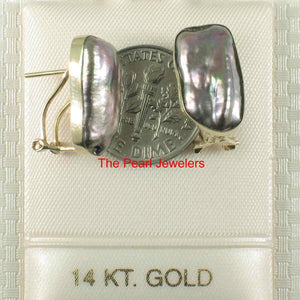 Solid 14k Yellow Gold Omega Clip Black Biwa Pearl Earrings