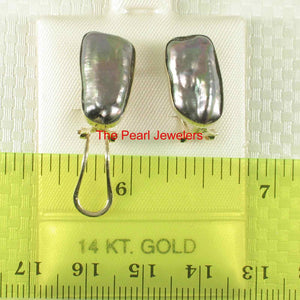 Solid 14k Yellow Gold Omega Clip Black Biwa Pearl Earrings