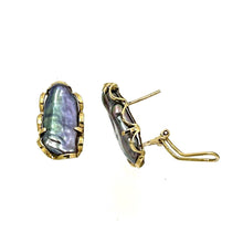Load image into Gallery viewer, 14k Yellow Solid Gold Omega Clip Genuine Black Biwa Pearl Earrings
