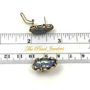 14k Yellow Solid Gold Omega Clip Genuine Black Biwa Pearl Earrings