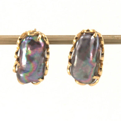 14k Yellow Solid Gold Omega Clip Genuine Black Biwa Pearl Earrings