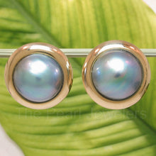Load image into Gallery viewer, 14k Yellow Gold Omega Clip Gold Border Blue Mabe Pearl Earrings