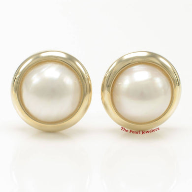 14K Yellow Gold Omega Clip & Gold Border Design White Mabe Pearl Earrings