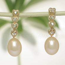 Load image into Gallery viewer, Solid 14k Yellow Gold Peach Pearl &amp; Diamond Dangle Earrings