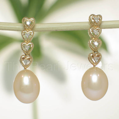 Solid 14k Yellow Gold Peach Pearl & Diamond Dangle Earrings