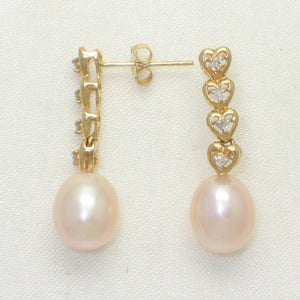 Solid 14k Yellow Gold Peach Pearl & Diamond Dangle Earrings