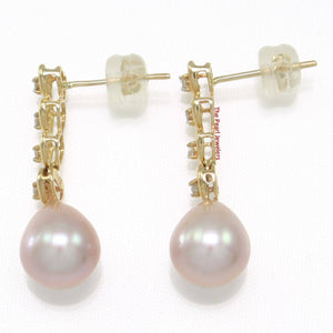 Solid 14k Yellow Gold Peach Pearl & Diamond Dangle Earrings