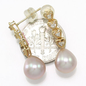 Solid 14k Yellow Gold Peach Pearl & Diamond Dangle Earrings