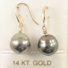 Load image into Gallery viewer, 14k Yellow Gold Peacock Tahitian Pearl Diamond Fish Hook Earrings