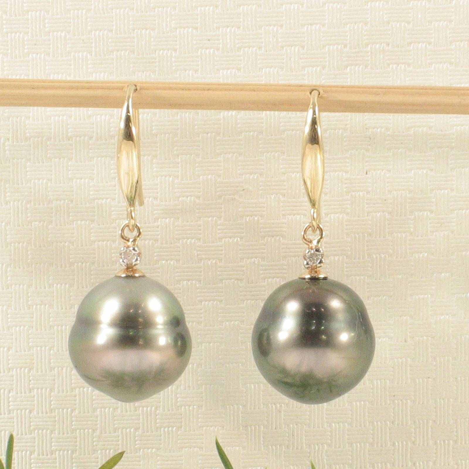 14k Yellow Gold Peacock Tahitian Pearl Diamond Fish Hook Earrings