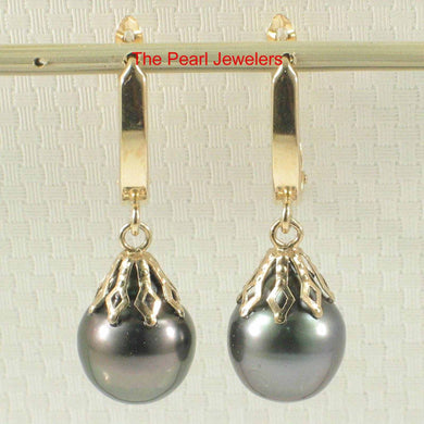 14k Yellow Gold Teardrop Black Tahitian Pearl Dangle Earrings