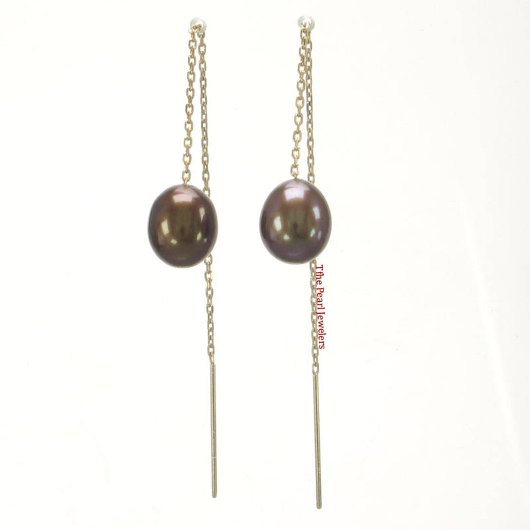 14k Yellow Gold Threader Chain Chocolate Raindrop Cultured Pearl Earrings