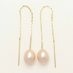 14k Yellow Gold Threader Chain Peach Raindrop Cultured Pearl Earrings