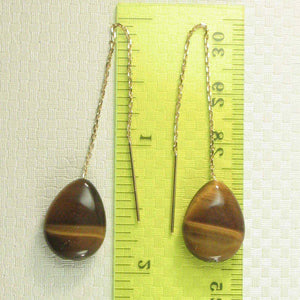 14k Yellow Gold Threader Chain Raindrop Brown Tiger Eye Dangle Earrings