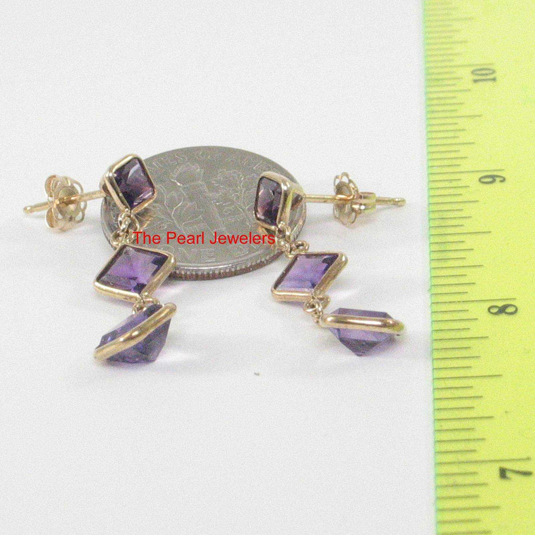 14k Yellow Solid Gold Triple Genuine Purple Amethyst Dangle Stud Earrings
