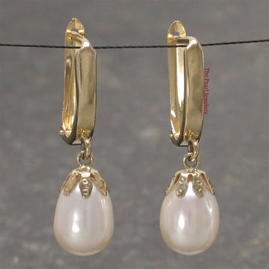 14k Yellow Gold Euro Back Teardrop White Pearl Dangle Earrings