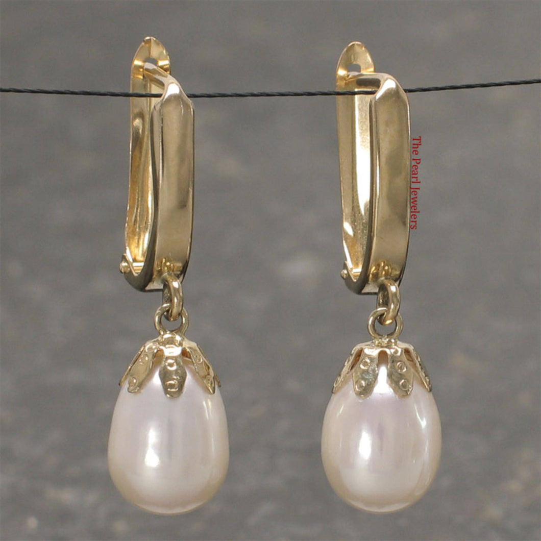 14k Yellow Gold Euro Back Teardrop White Pearl Dangle Earrings