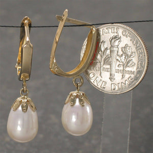 14k Yellow Gold Euro Back Teardrop White Pearl Dangle Earrings