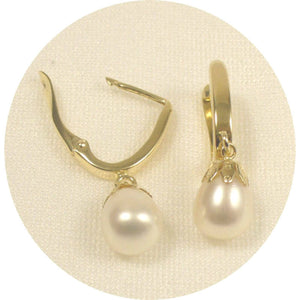 14k Yellow Gold Euro Back Teardrop White Pearl Dangle Earrings