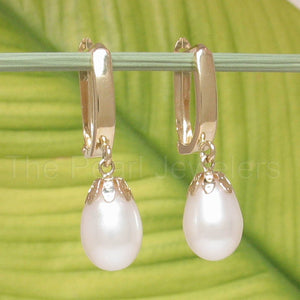 14k Yellow Gold Euro Back Teardrop White Pearl Dangle Earrings