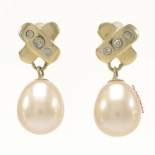 Load image into Gallery viewer, 14k Yellow Gold X-Design Diamond &amp; Pink Cultured Pearl Dangle Stud Earrings
