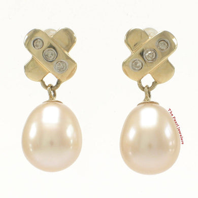 14k Yellow Gold X-Design Diamond & Pink Cultured Pearl Dangle Stud Earrings