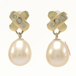 14k Yellow Gold X-Design Diamond & Pink Cultured Pearl Dangle Stud Earrings