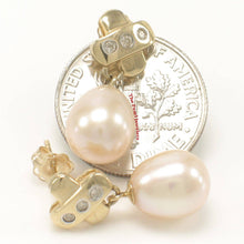 Load image into Gallery viewer, 14k Yellow Gold X-Design Diamond &amp; Pink Cultured Pearl Dangle Stud Earrings