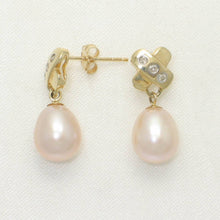 Load image into Gallery viewer, 14k Yellow Gold X-Design Diamond &amp; Pink Cultured Pearl Dangle Stud Earrings