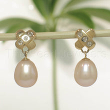 Load image into Gallery viewer, 14k Yellow Gold X-Design Diamond &amp; Pink Cultured Pearl Dangle Stud Earrings
