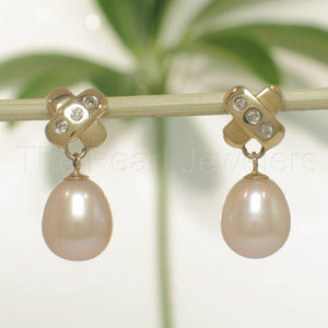 14k Yellow Gold X-Design Diamond & Pink Cultured Pearl Dangle Stud Earrings