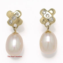 Load image into Gallery viewer, 14k Yellow Gold X-Design Diamond &amp; Pink Cultured Pearl Dangle Stud Earrings