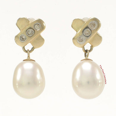 14k Yellow Gold X-Design Diamond & White Cultured Pearl Dangle Stud Earrings