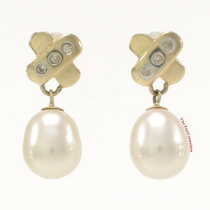 14k Yellow Gold X-Design Diamond & White Cultured Pearl Dangle Stud Earrings
